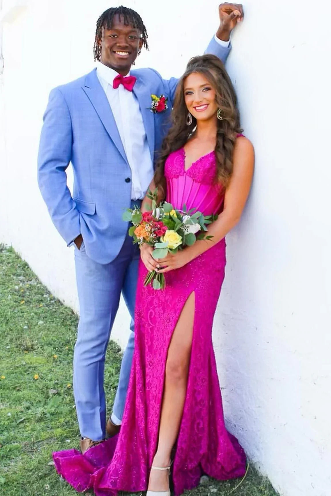 Pink Mermaid V-Neck Lace Train Prom Dress - Chloe Dress