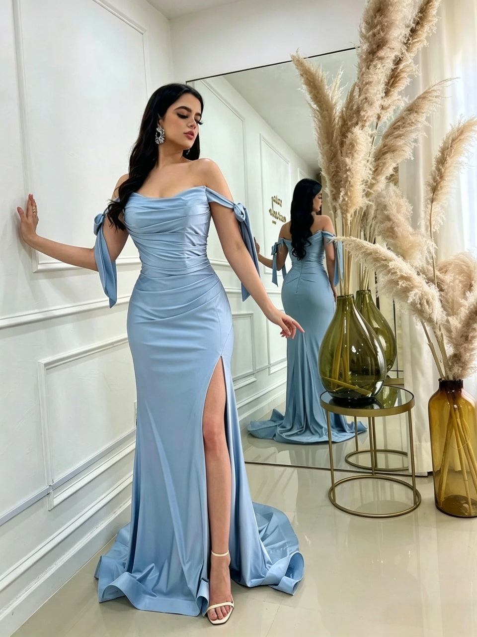 Light Blue Mermaid Off-Shoulder Satin High Slit Evening Dress - Chloe Dress