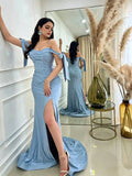 Light Blue Mermaid Off-Shoulder Satin High Slit Evening Dress - Chloe Dress
