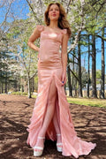 Blush Pink Satin Mermaid Ruffle Slit Lace‑Up Back Evening Dresses