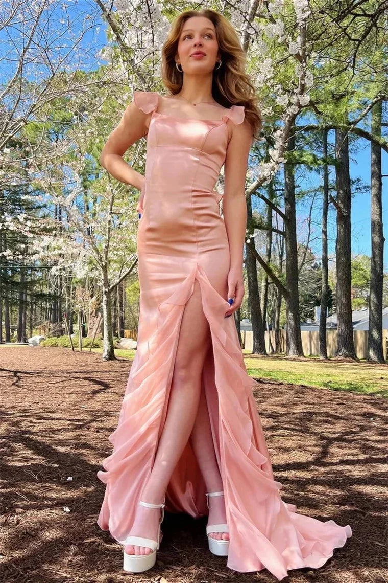 Blush Pink Satin Mermaid Ruffle Slit Lace‑Up Back Evening Dresses