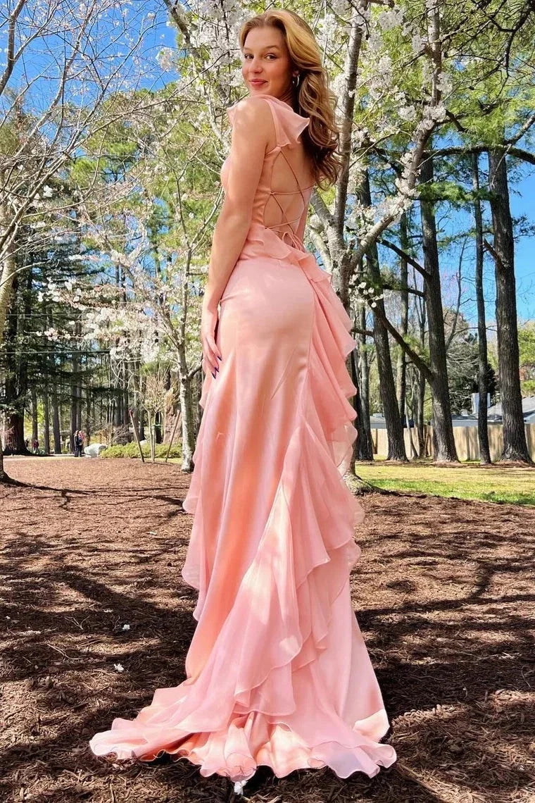 Blush Pink Satin Mermaid Ruffle Slit Lace‑Up Back Evening Dresses