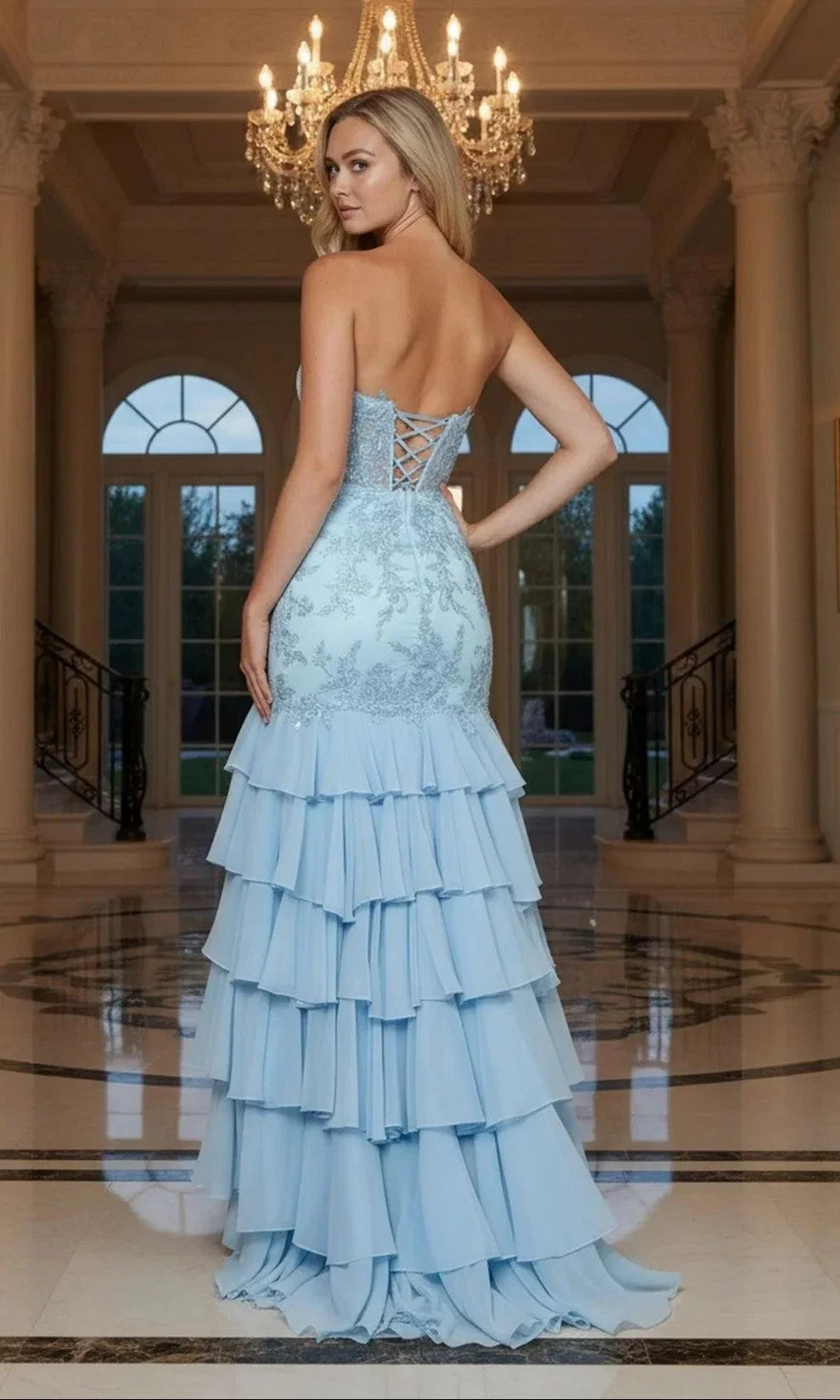 Light Blue Strapless Corset Ruffled Slit Mermaid Prom Dresses