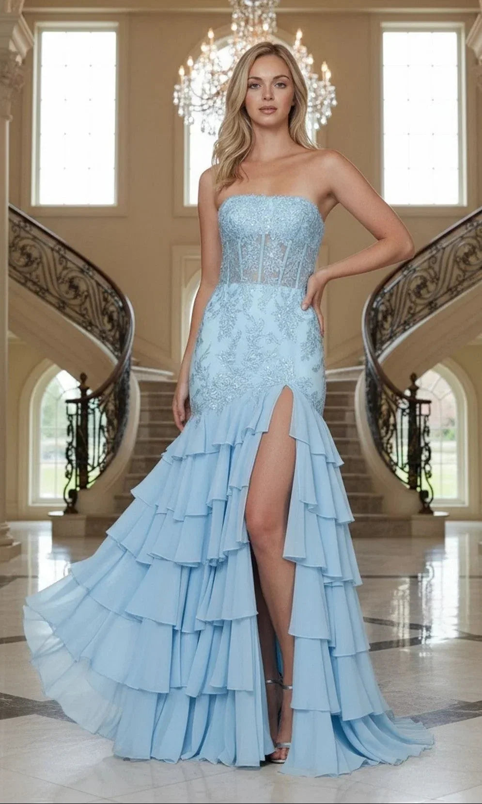 Light Blue Strapless Corset Ruffled Slit Mermaid Prom Dresses