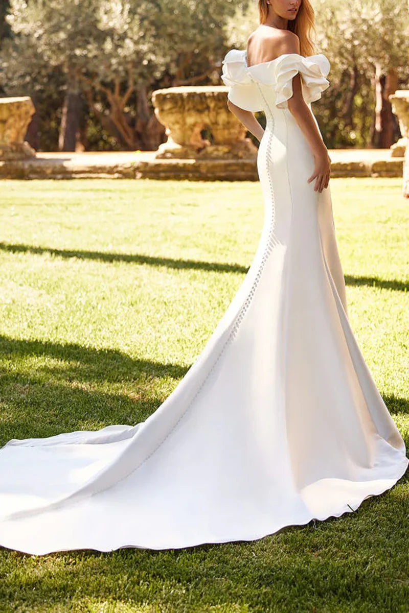 Off‑The‑Shoulder Ruffle Satin Mermaid Wedding Dress