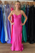 Fuchsia Sweetheart Ruched Mermaid Lace‑Up Back Prom Evening Dresses