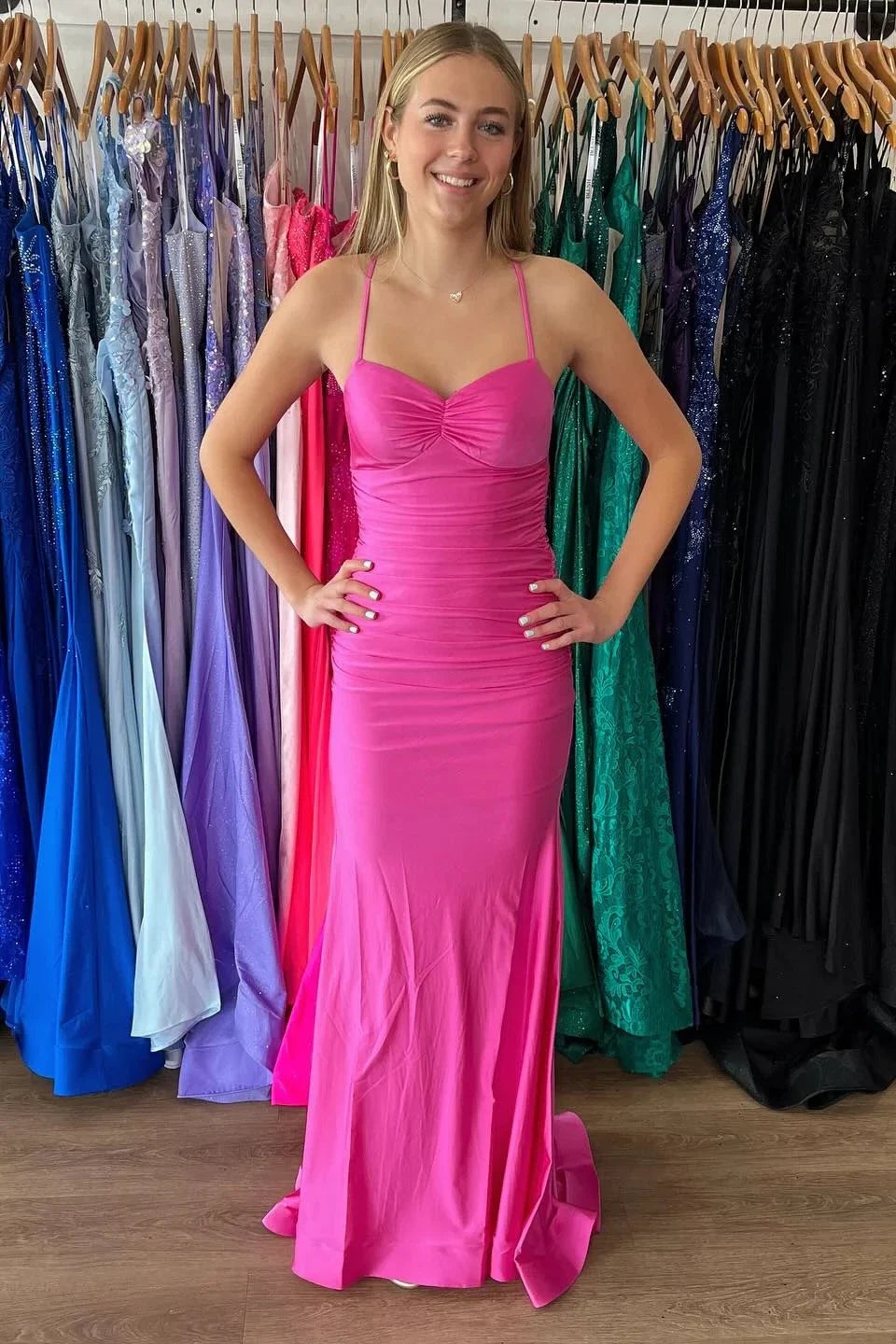 Fuchsia Sweetheart Ruched Mermaid Lace‑Up Back Prom Evening Dresses