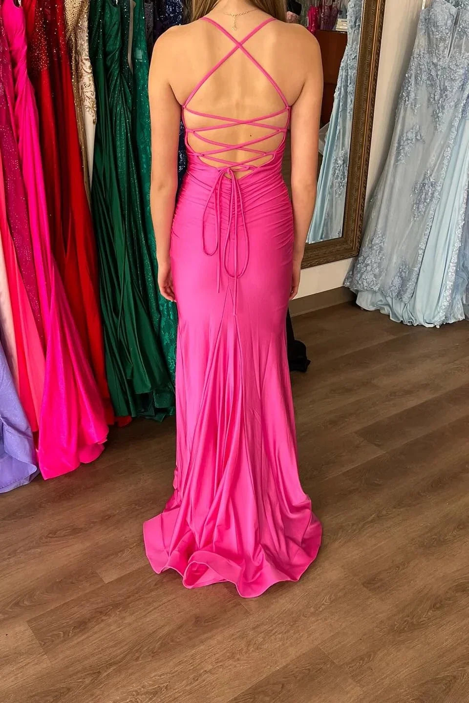 Fuchsia Sweetheart Ruched Mermaid Lace‑Up Back Prom Evening Dresses