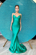 Teal Satin Mermaid Ruched Lace‑Up Open Back Prom Dresses