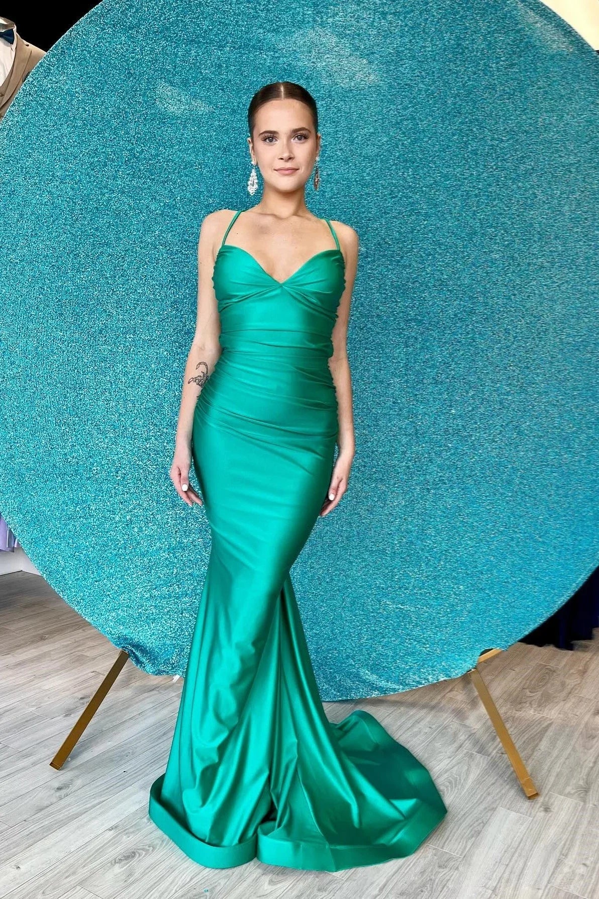 Teal Satin Mermaid Ruched Lace‑Up Open Back Prom Dresses