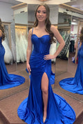 Royal Blue Satin Corset Mermaid High Slit Long Train Prom Dresses