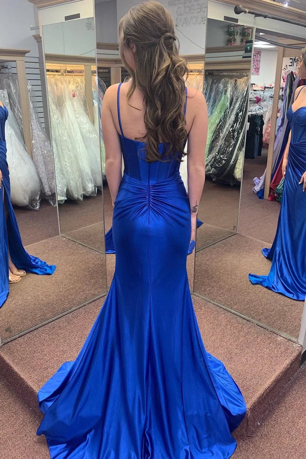 Royal Blue Satin Corset Mermaid High Slit Long Train Prom Dresses