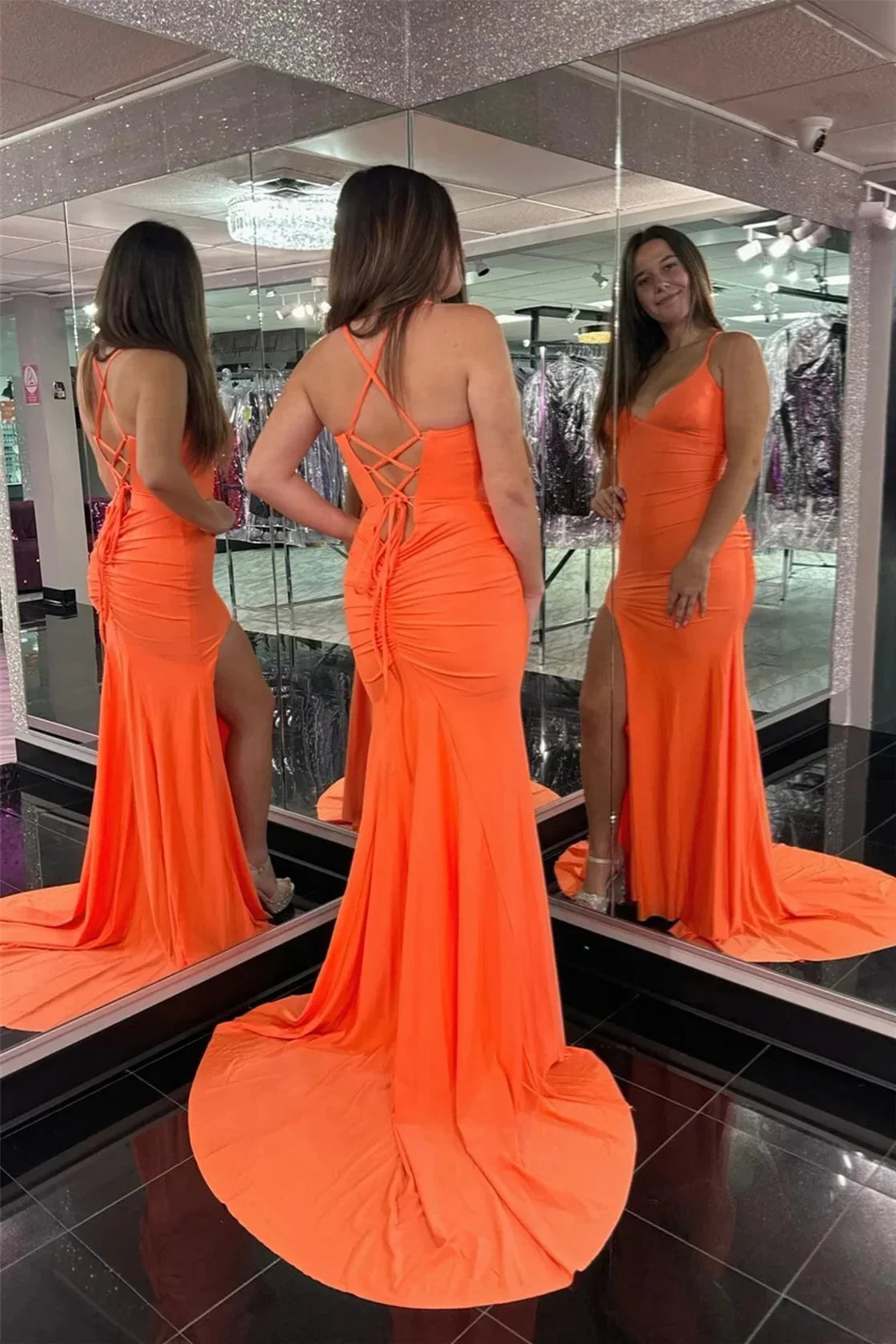 Bright Orange Spandex Mermaid High Slit Lace‑Up Back Prom Dresses