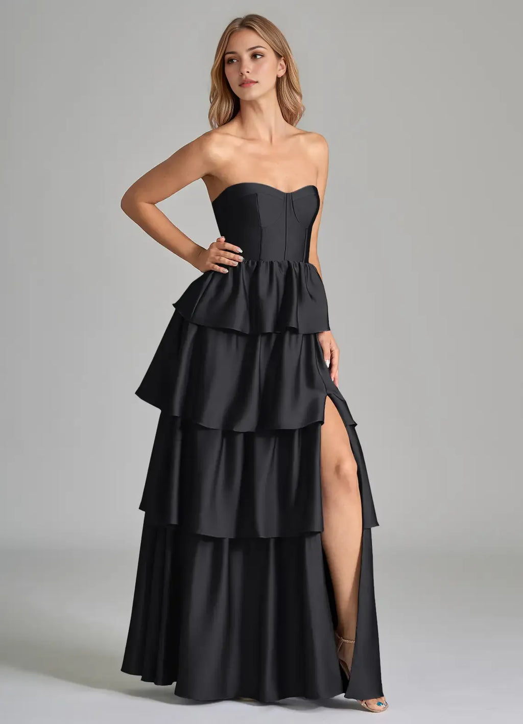 Strapless Satin Sleeveless Open Back Tiered Floor-Length Wedding Dress - Chloe Dress