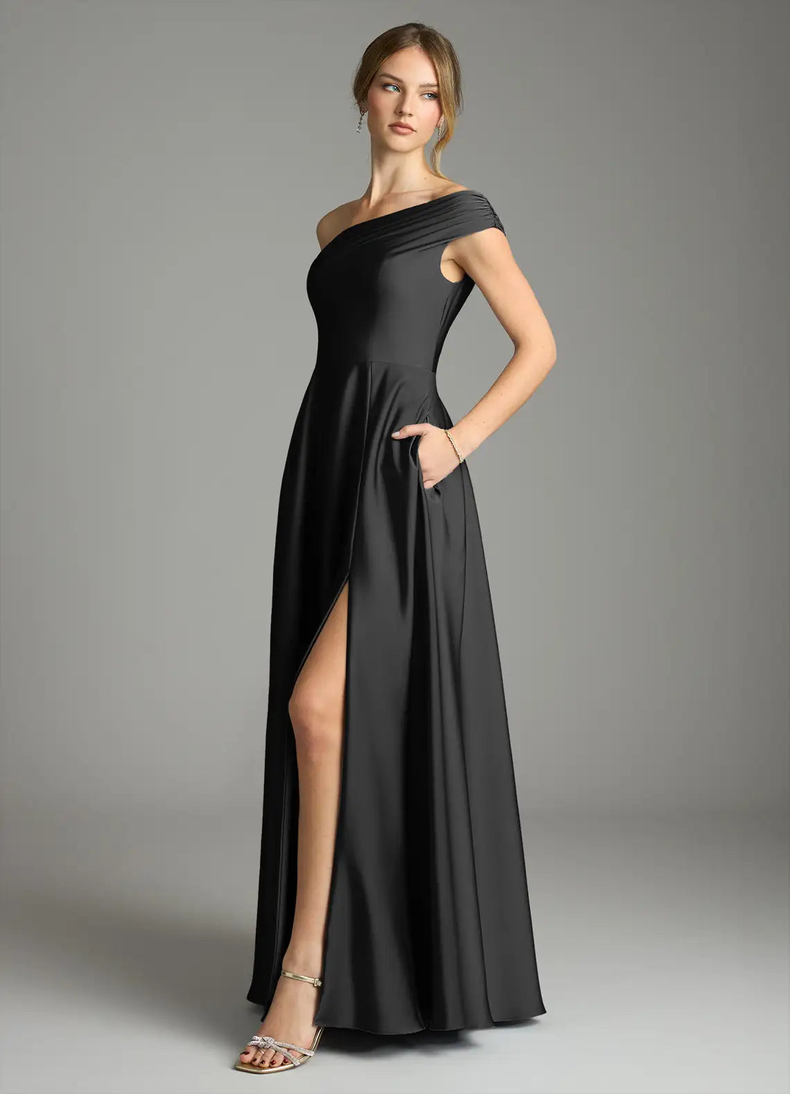 A-Line One-Shoulder Satin Sleeveless Open Back High Slit Floor-Length Wedding Dress - Chloe Dress