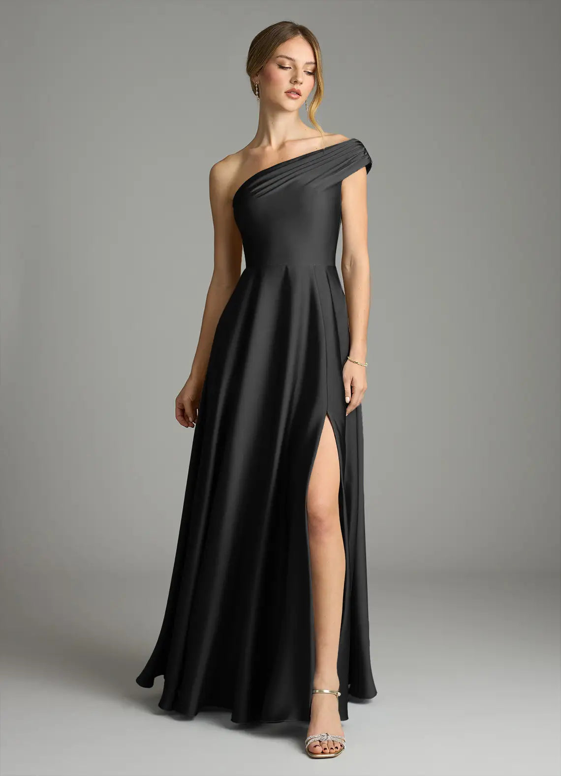 A-Line One-Shoulder Satin Sleeveless Open Back High Slit Floor-Length Wedding Dress - Chloe Dress