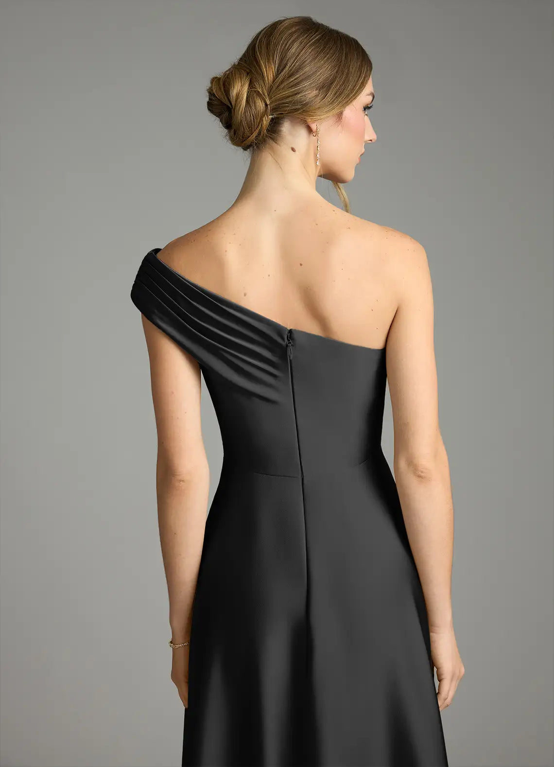 A-Line One-Shoulder Satin Sleeveless Open Back High Slit Floor-Length Wedding Dress - Chloe Dress