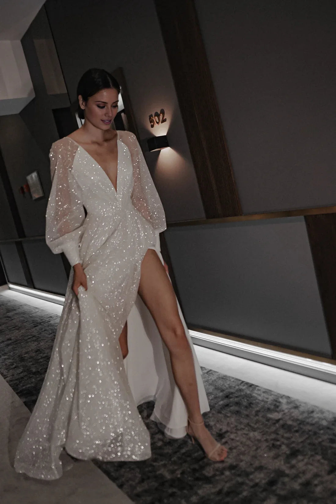 A-Line V-Neck Long Sleeve High Slit Floor-Length Wedding Dress - Chloe Dress