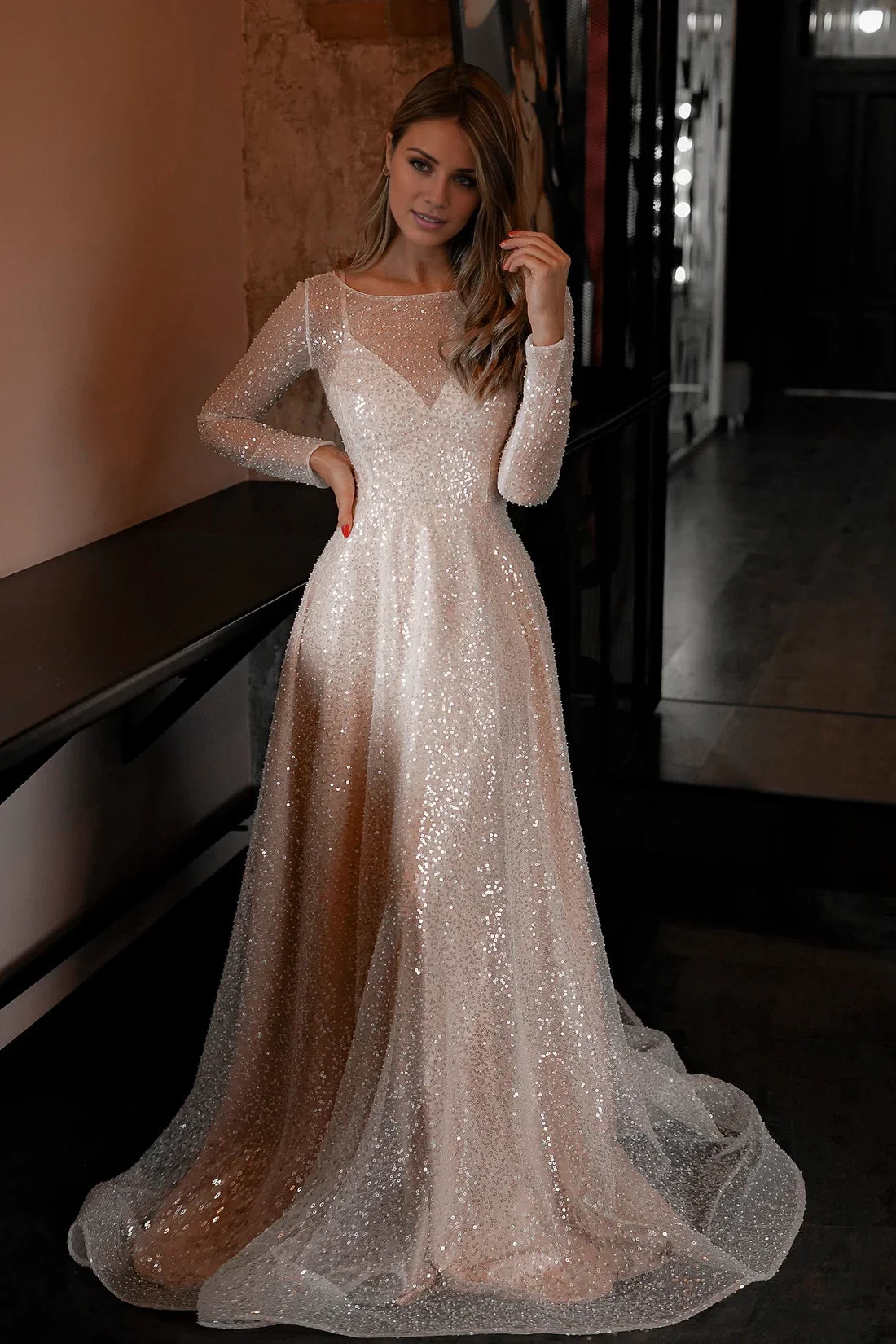 A-Line Illusion Long Sleeve Floor-Length Wedding Dress - Chloe Dress