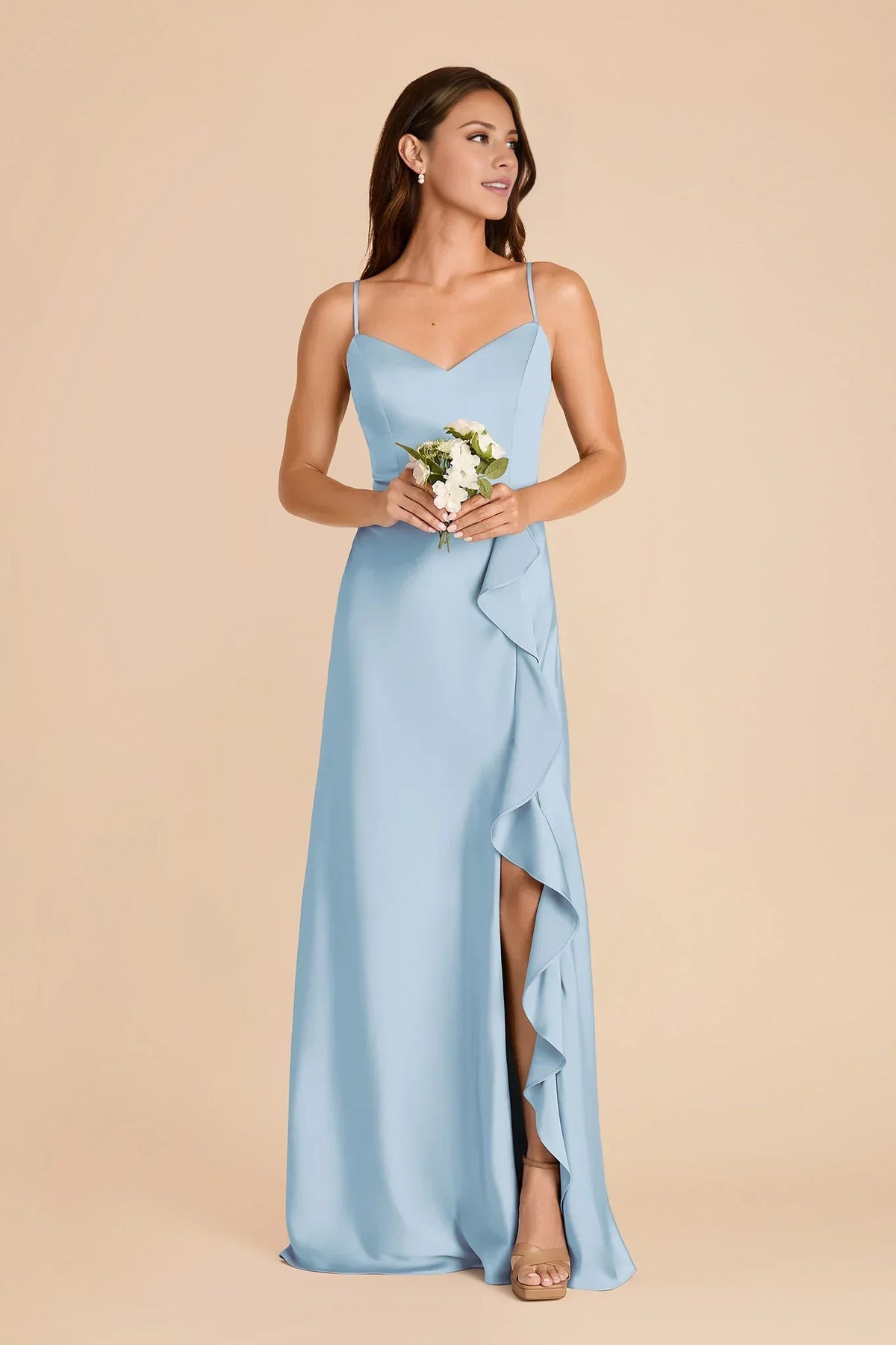 Sky Blue A-Line Satin Sleeveless Ruffled Floor-Length Wedding Dress - Chloe Dress
