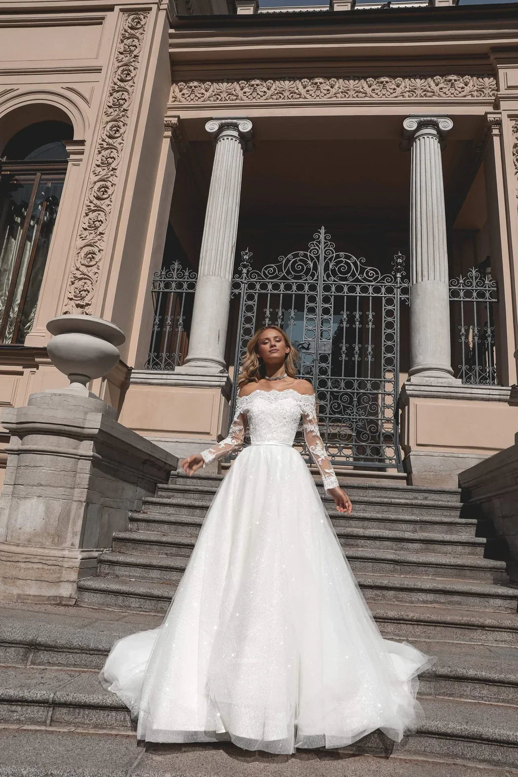 Ball Gown Off-Shoulder Lace Long Sleeve Floor-Length Wedding Gown - Chloe Dress