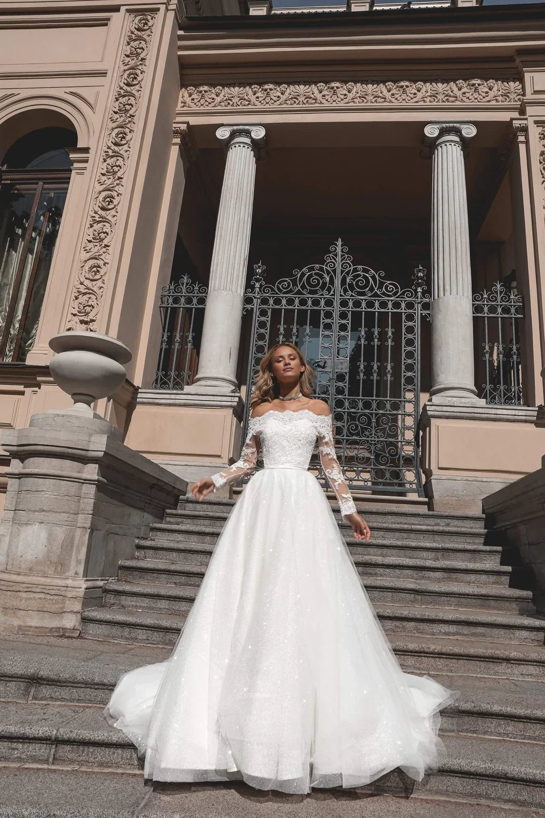 Ball Gown Off-Shoulder Lace Long Sleeve Floor-Length Wedding Gown - Chloe Dress