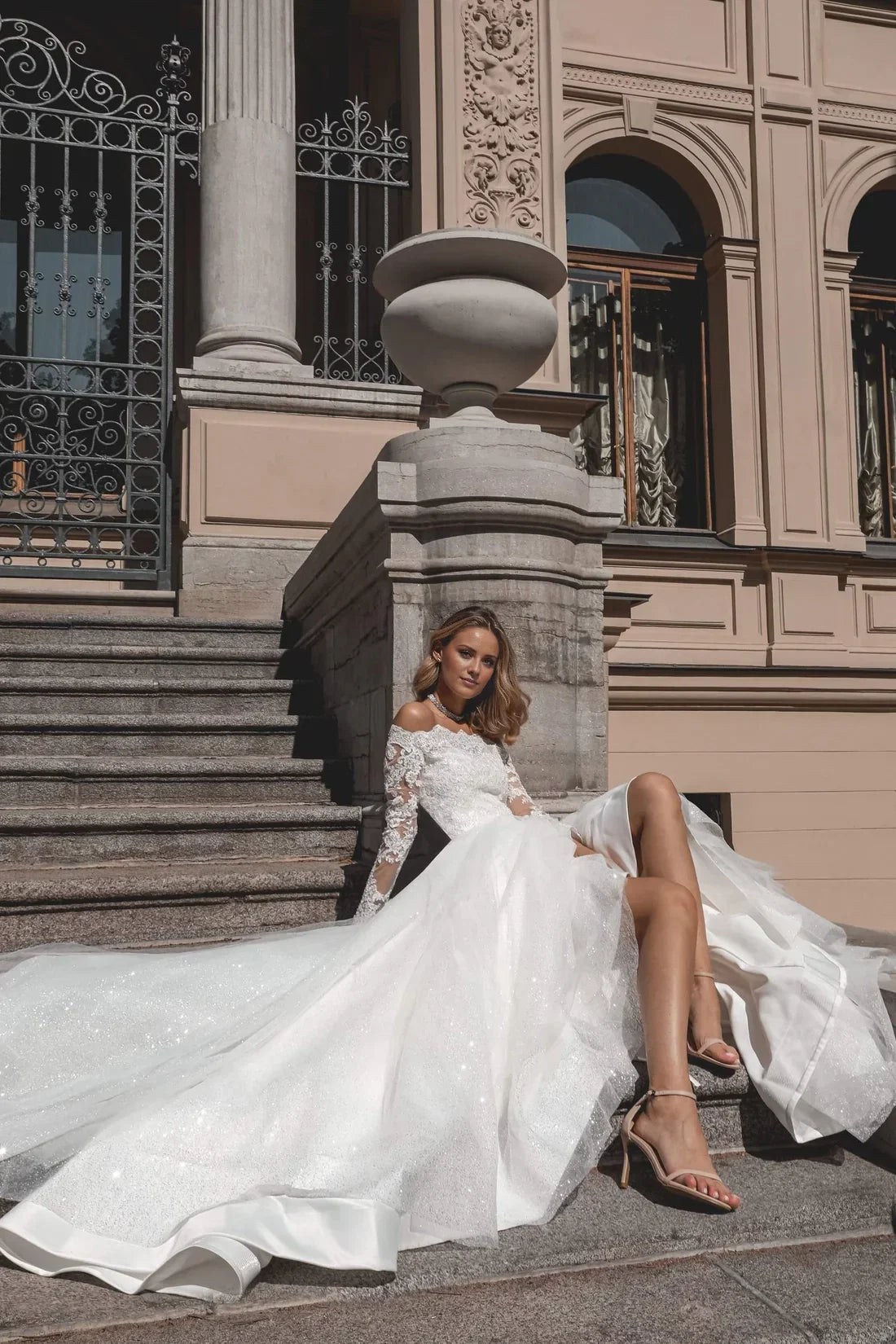 Ball Gown Off-Shoulder Lace Long Sleeve Floor-Length Wedding Gown - Chloe Dress