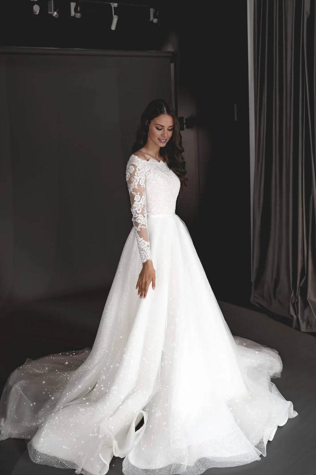 Ball Gown Off-Shoulder Lace Long Sleeve Floor-Length Wedding Gown - Chloe Dress