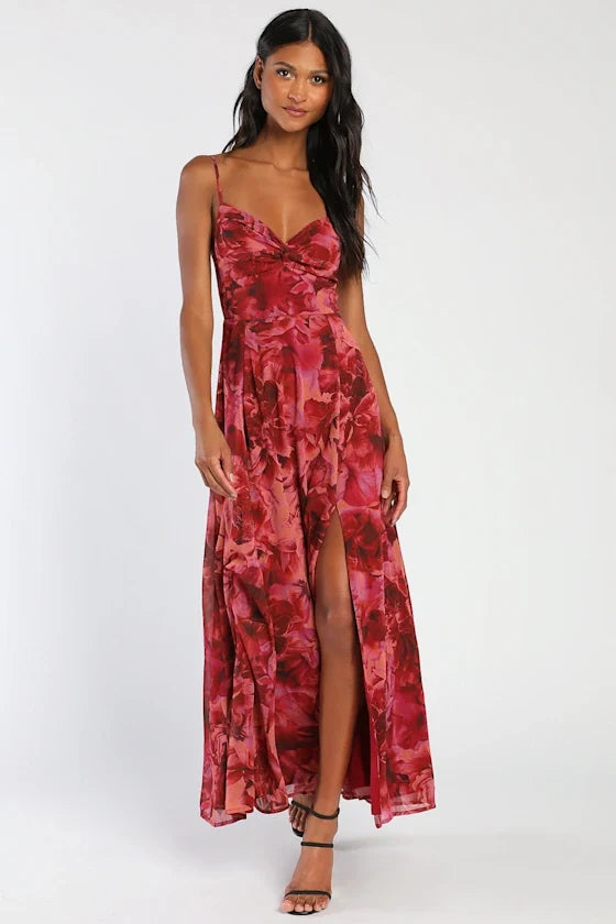 Red A-Line Sweetheart Chiffon High Slit Floor-Length Prom Dress - Chloe Dress