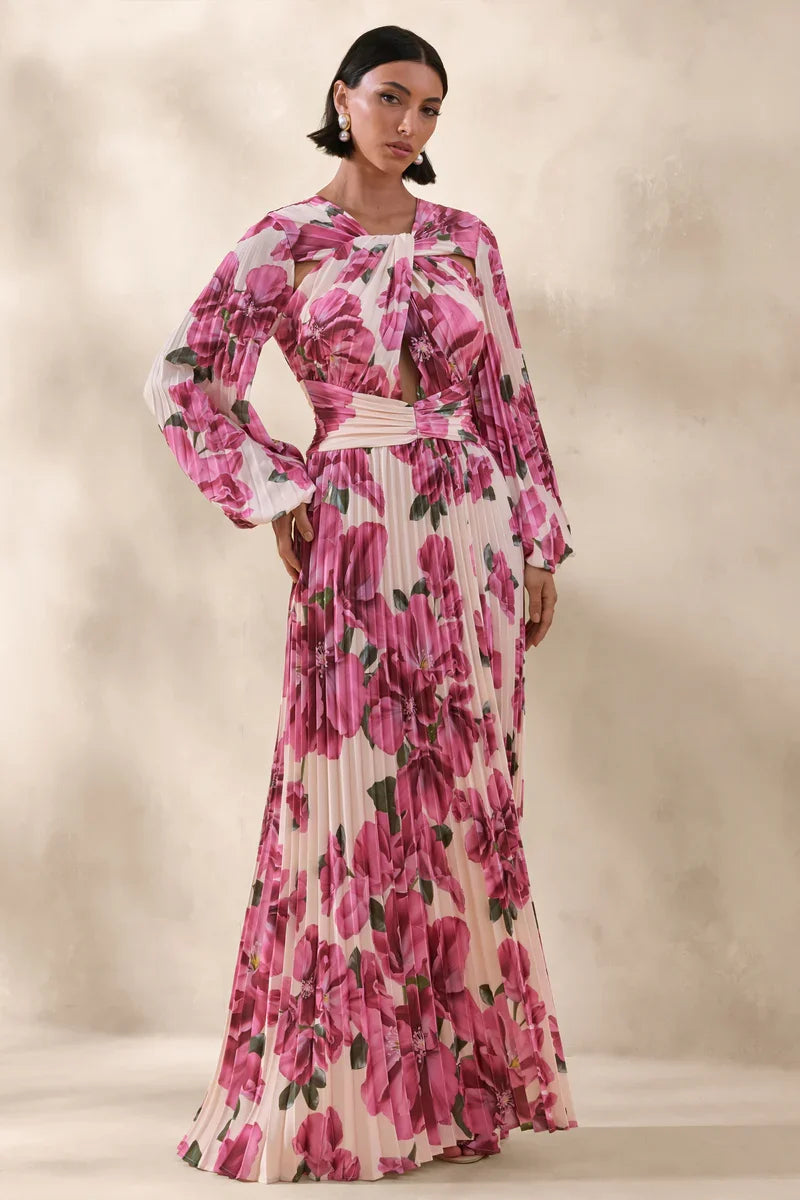 A-Line Puff Sleeve Pleated Floor-Length Prom Dress - Chloe Dress