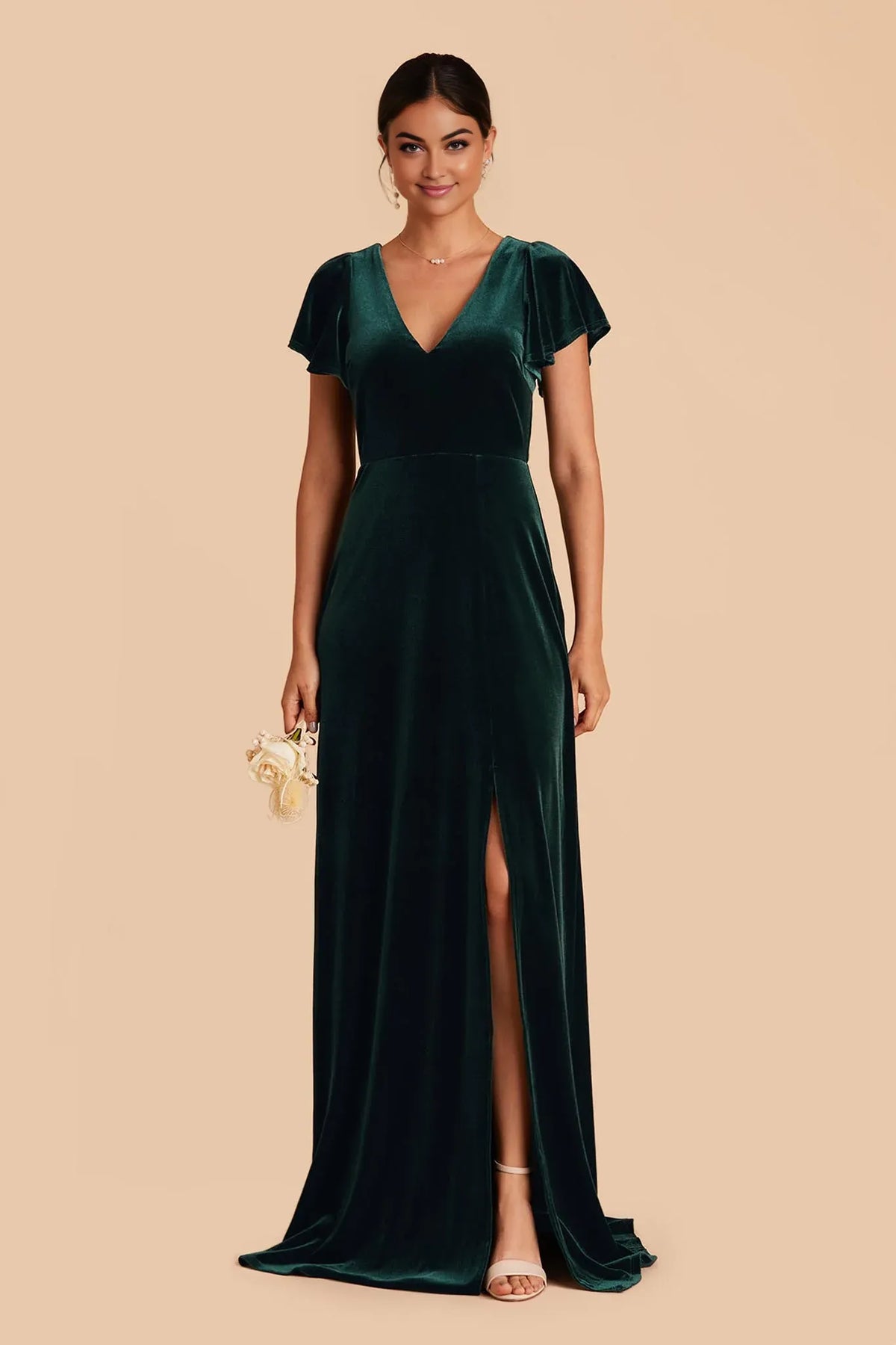 Empire Waist V-Neck Velvet High Slit Floor-Length Wedding Dress - Chloe Dress