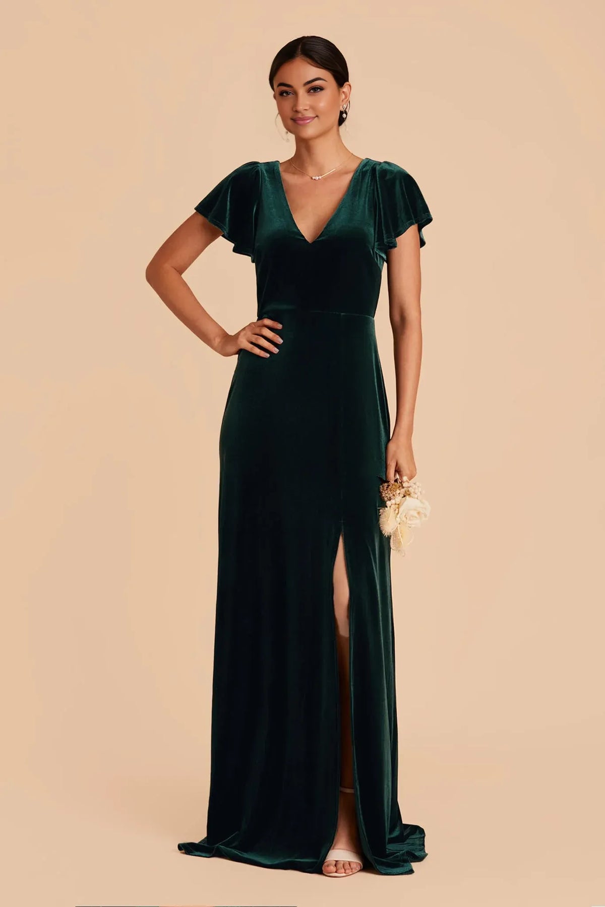 Empire Waist V-Neck Velvet High Slit Floor-Length Wedding Dress - Chloe Dress