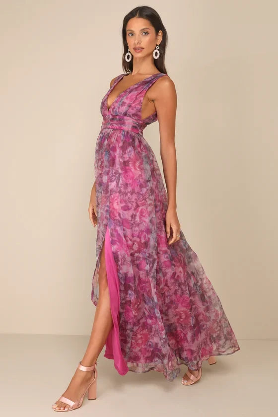 V-Neck Chiffon Sleeveless High Slit Floor-Length Prom Dress - Chloe Dress