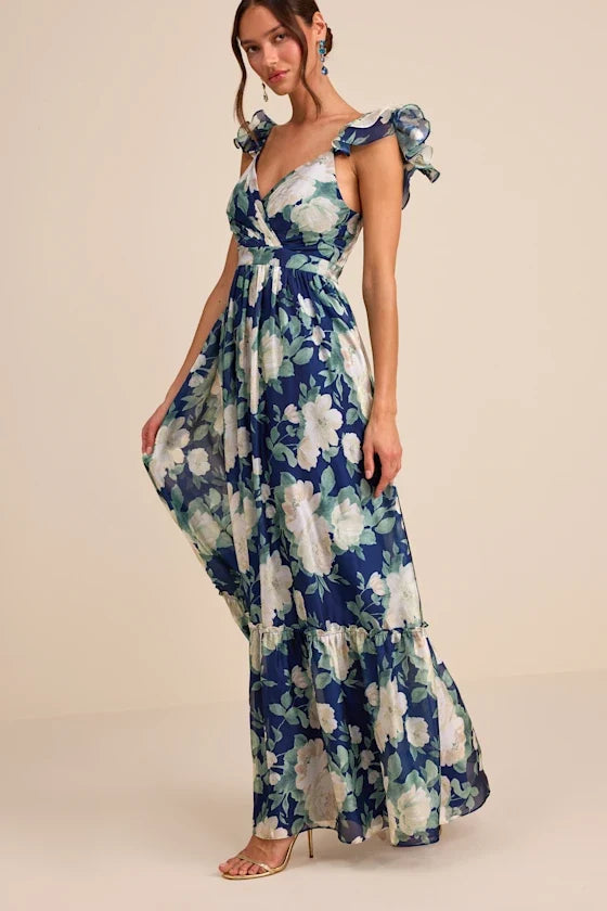 V-Neck Chiffon Open Back Ruffled Floor-Length Evening Dress - Chloe Dress