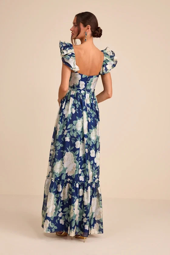 V-Neck Chiffon Open Back Ruffled Floor-Length Evening Dress - Chloe Dress