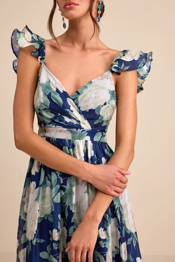 V-Neck Chiffon Open Back Ruffled Floor-Length Evening Dress - Chloe Dress