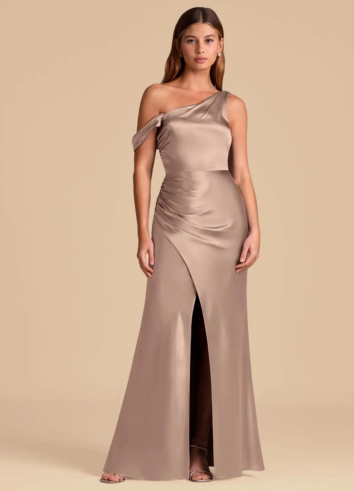One-Shoulder Satin High Slit Floor-Length Wedding Gown - Chloe Dress