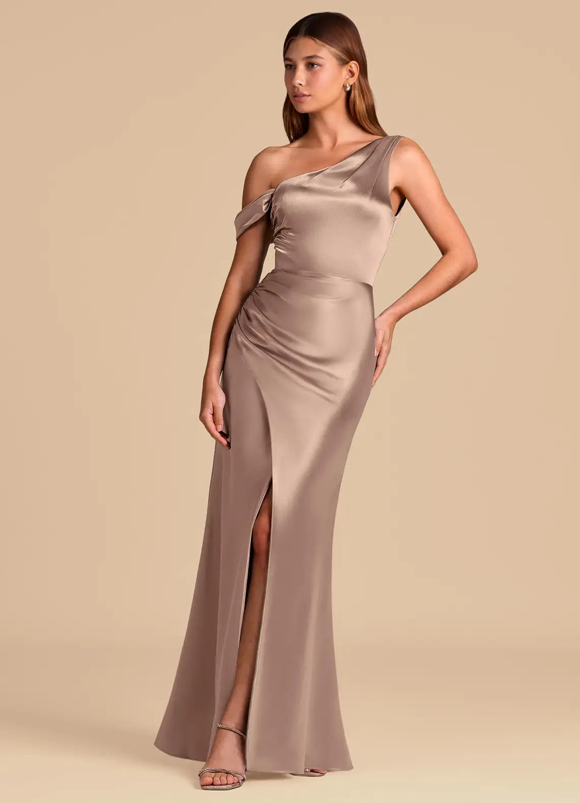 One-Shoulder Satin High Slit Floor-Length Wedding Gown - Chloe Dress