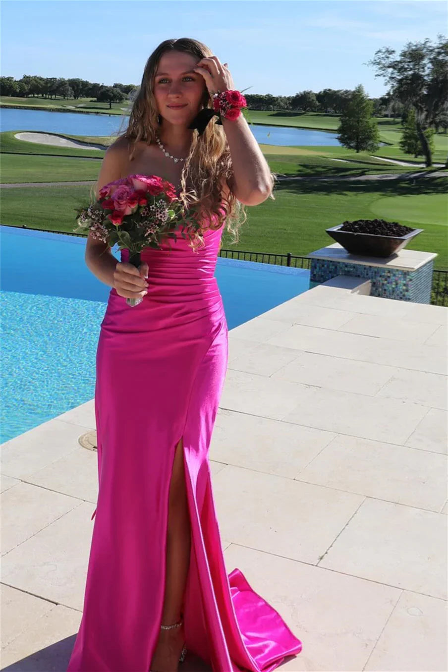 Off-Shoulder Satin High Slit Prom Dress - Chloe Dress