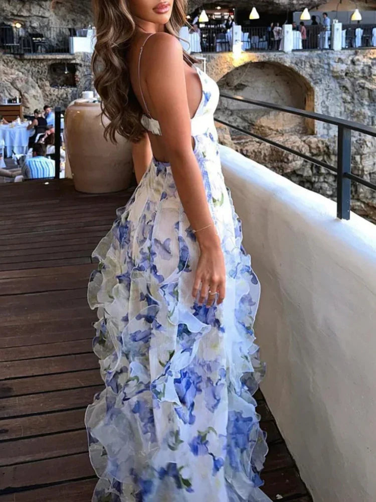 A-Line Spaghetti Strap Sleeveless Backless Ruffled Floor-Length Prom Dress - Chloe Dress