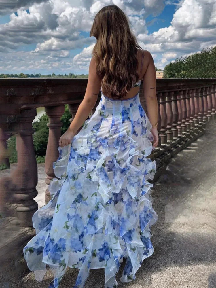 A-Line Spaghetti Strap Sleeveless Backless Ruffled Floor-Length Prom Dress - Chloe Dress