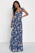A-Line V-Neck Lace Ruffled Floor-Length Prom Dress - Chloe Dress