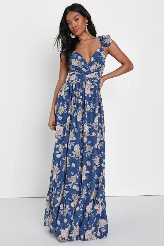 A-Line V-Neck Lace Ruffled Floor-Length Prom Dress - Chloe Dress