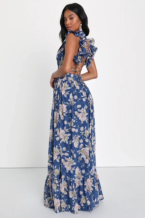 A-Line V-Neck Lace Ruffled Floor-Length Prom Dress - Chloe Dress