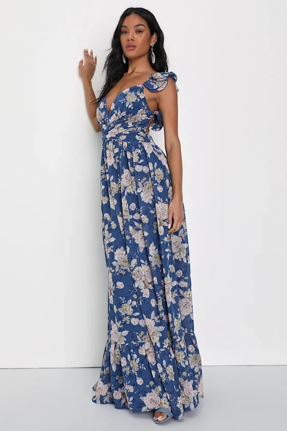 A-Line V-Neck Lace Ruffled Floor-Length Prom Dress - Chloe Dress