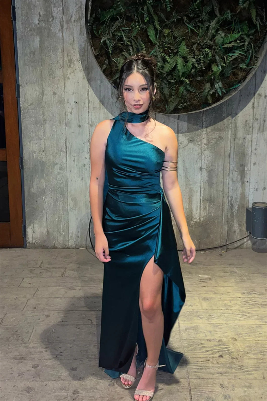 One-Shoulder Satin High Slit Prom Gown - Chloe Dress