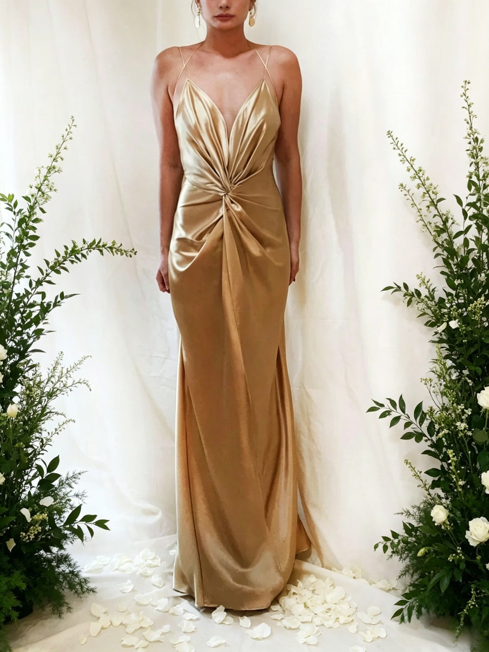 V-Neck Satin Open Back High Slit Floor-Length Evening Gown - Chloe Dress