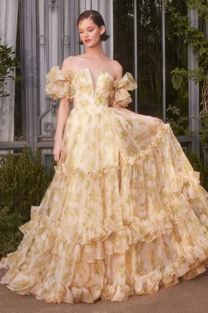 Ball Gown Off-Shoulder Lace Puff Sleeve High Slit Prom Gown - Chloe Dress
