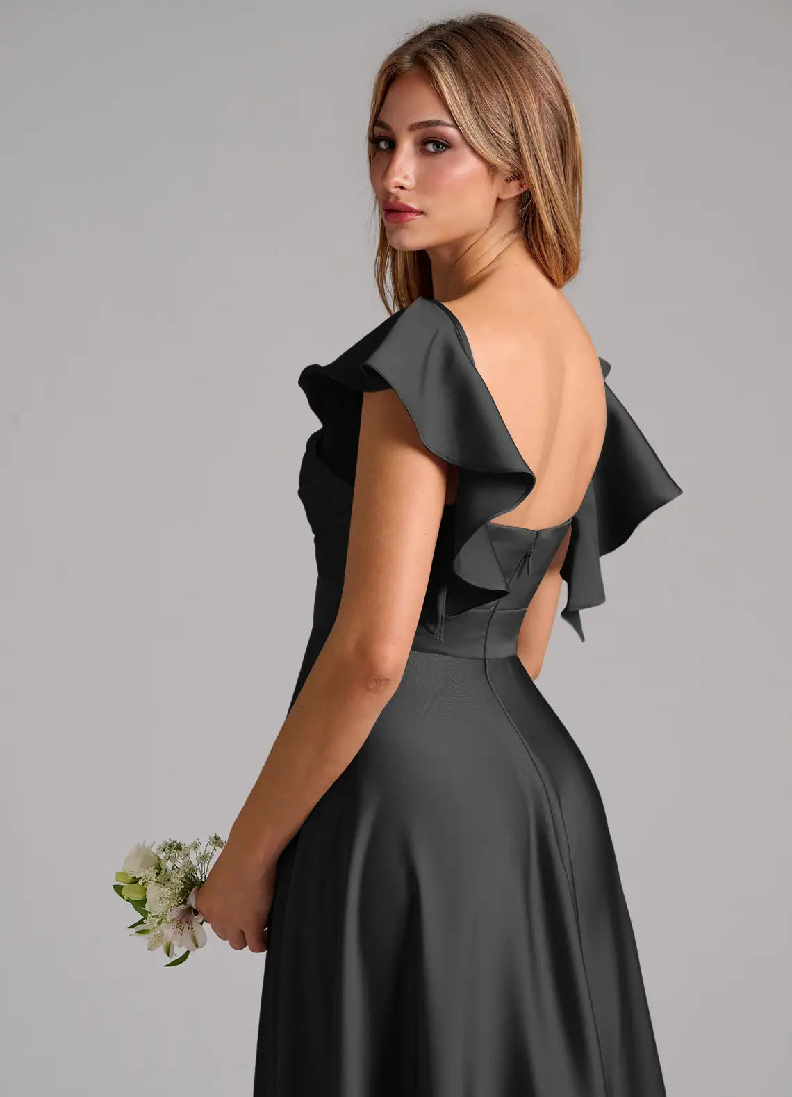 Sweetheart Satin Cap Sleeve Open Back Ruffled Floor-Length Wedding Dress - Chloe Dress