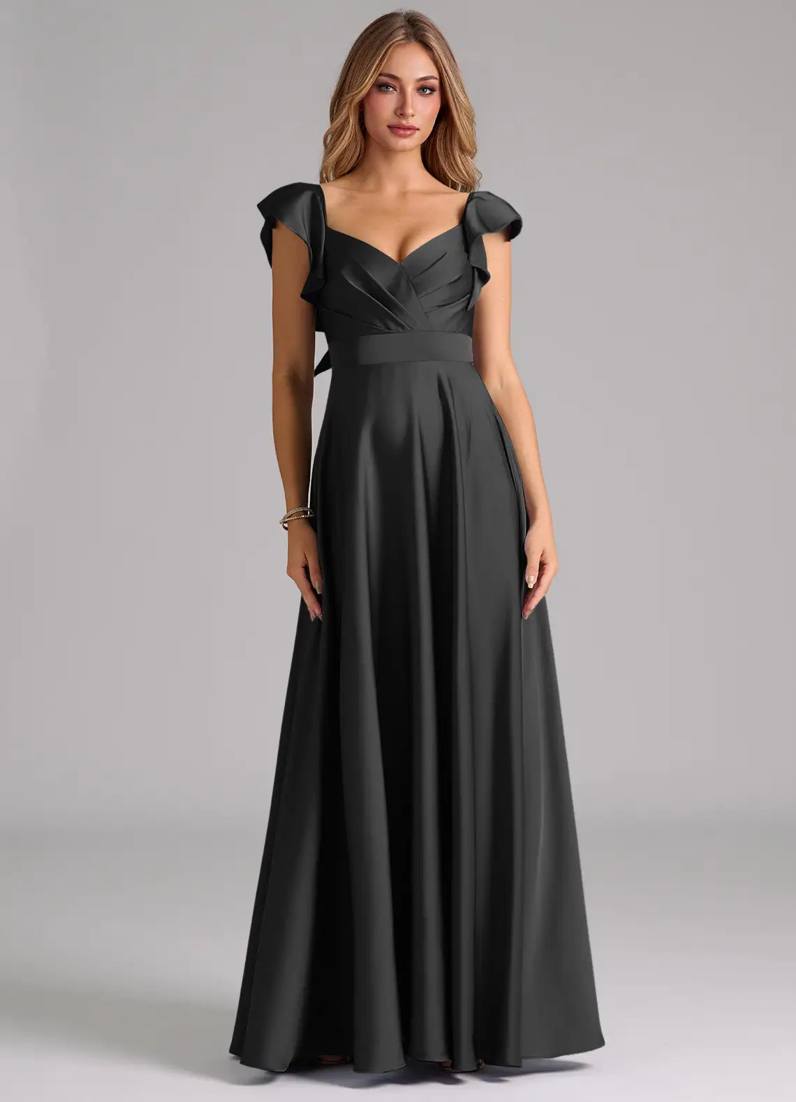 Sweetheart Satin Cap Sleeve Open Back Ruffled Floor-Length Wedding Dress - Chloe Dress